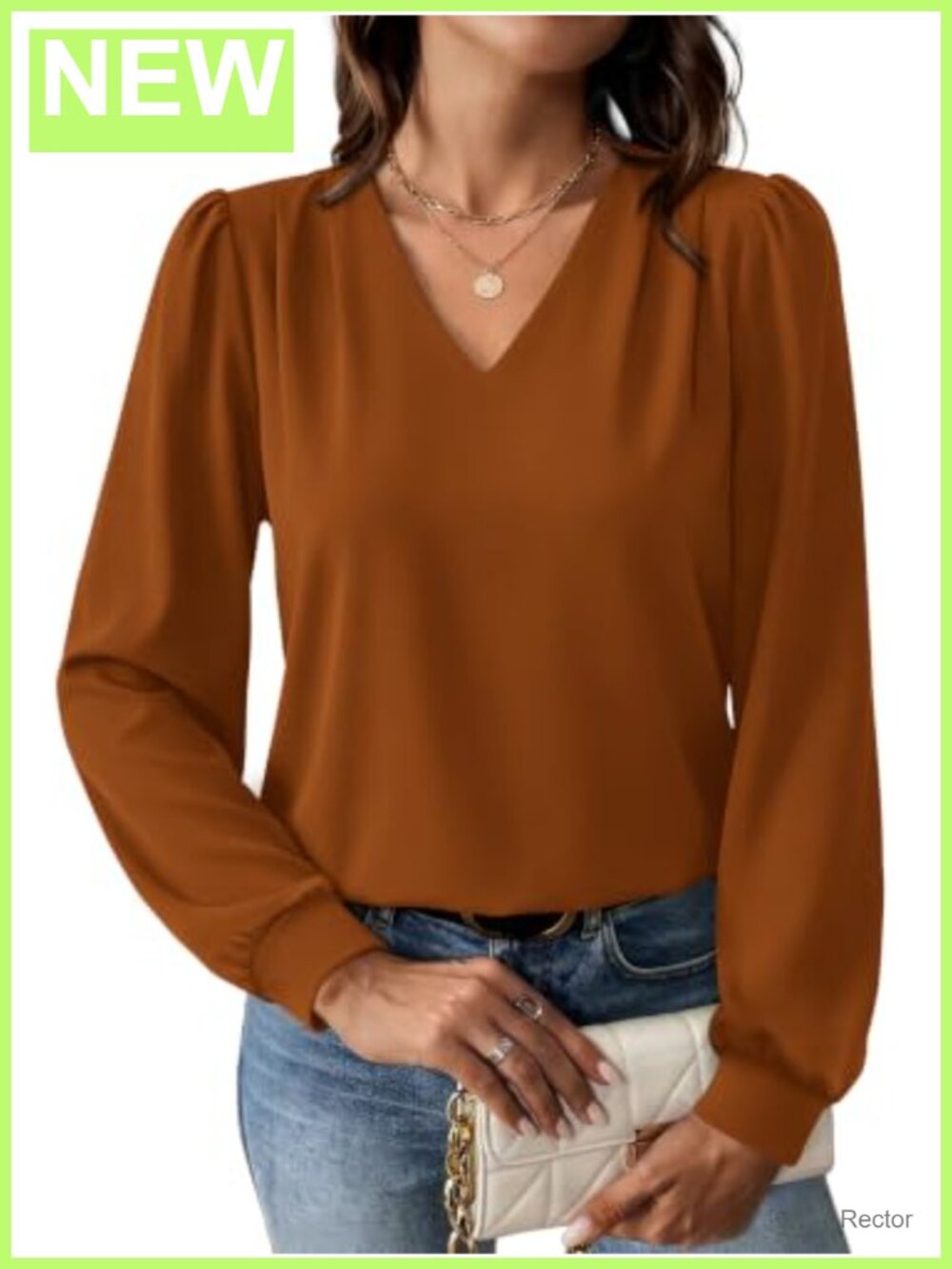 Womens V Neck Long Sleeve Blouse with Pleated Puff Sleeves Dressy Casual